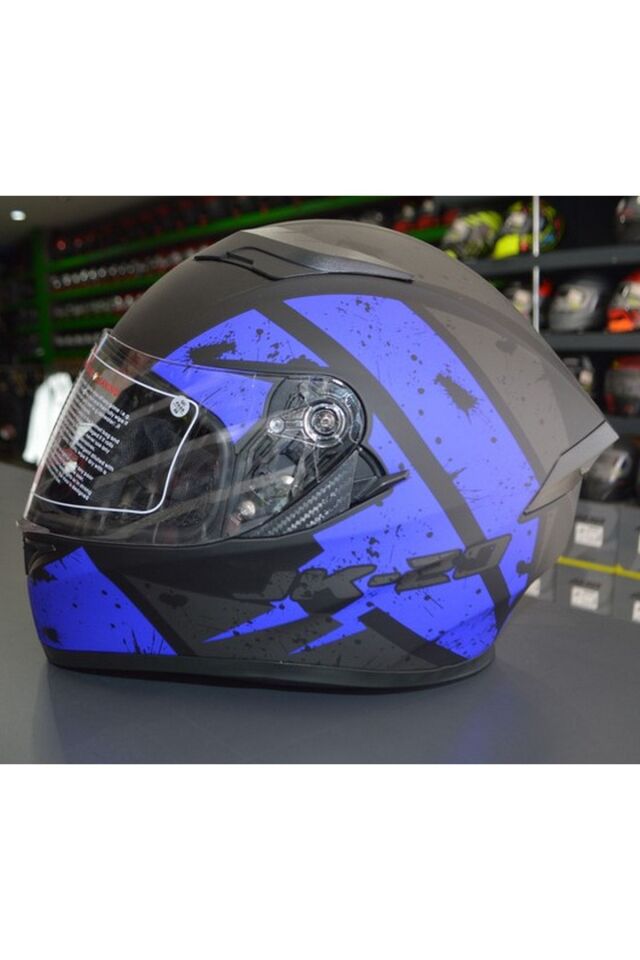 Jk-21 Full Face Mavi Siyah Desenli Kask