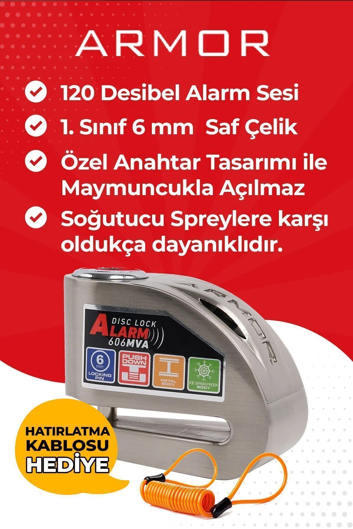 606mva 6 Mm 120 Desibel Motosiklet Alarmlı Disk Kilidi