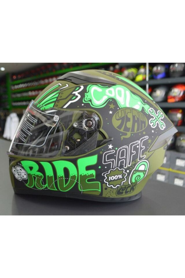Jk-21 Full Face Yeşil Desen Ride Kask
